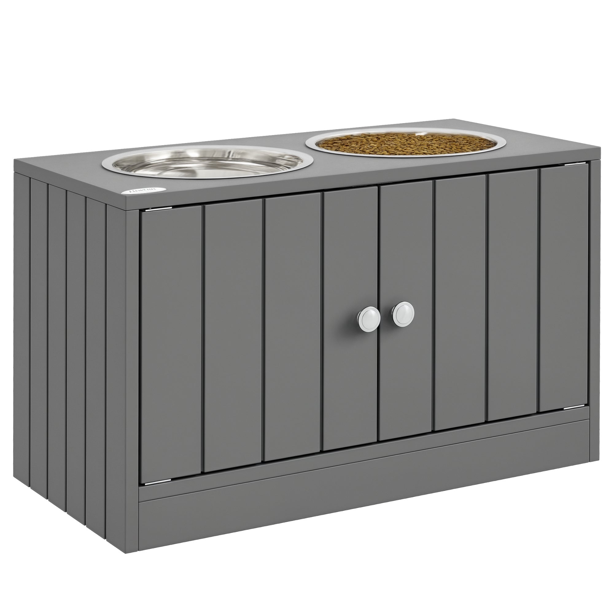 Dog Bowl Stand - Elevated MDF Cabinet with 2 Stainless Steel Bowls & 44L Storage - Gray