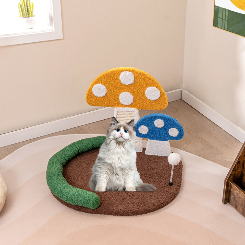 Cat Bed - 3-in-1 Mushroom Scratcher with Headrest & Spring Ball - Multicolor - 23x19.5x17
